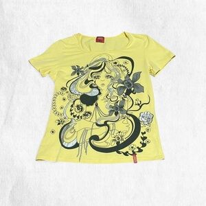 Miss Sixty Yellow and black graphic tee with grey & silver or orchids